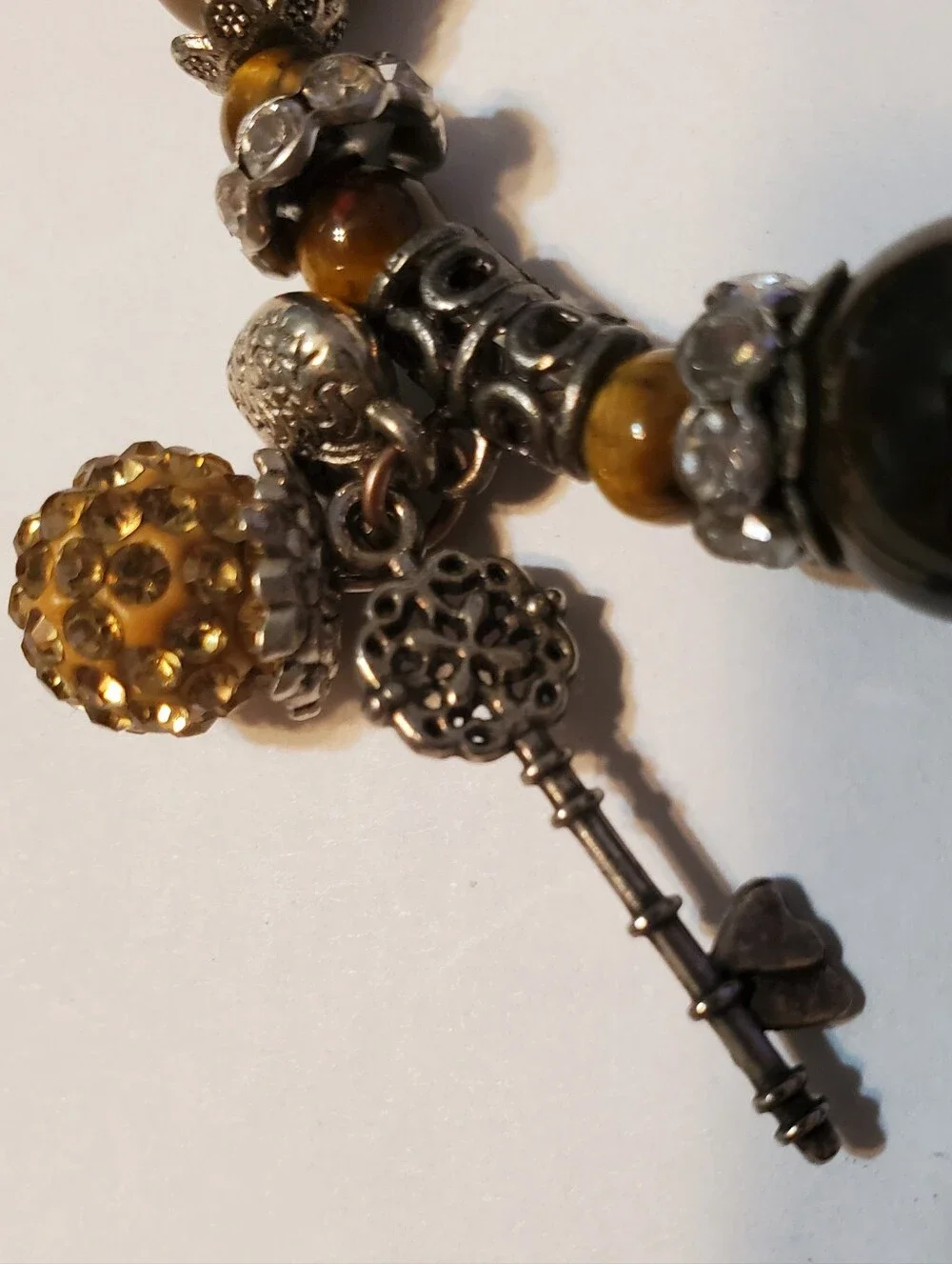 Womens Faux Tiger's Eye Stretchy Beaded Charm Bracelet‎ Brown & Gold